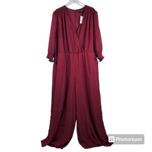 Lane Bryant Burgundy Jumpsuit Sz 22 Surplice V-neck Wide Leg Relaxed Fit Ruffle